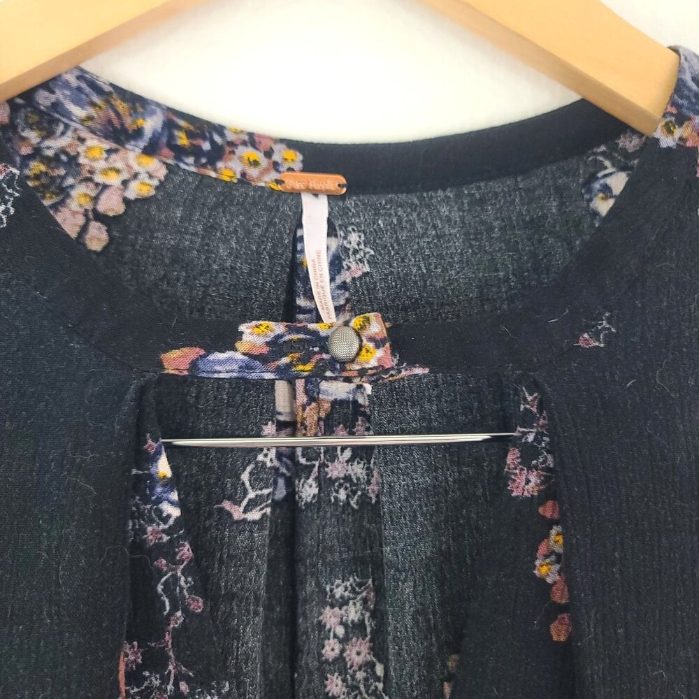 Free People Sz S Sleeveless Black Floral Swing Mini Dress Pockets Gauzy Boho - Picture 4 of 14